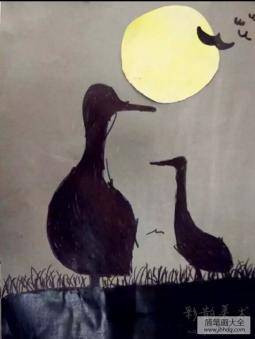 月光下的小鸭子,小学生中秋节儿童画