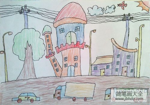 繁华的都市儿童画画作品