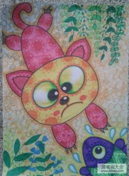 小猫捉鱼趣味儿童画,庆祝国庆节日儿童画分享