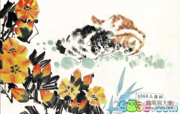 国画花鸟考级凌霄花和小猫作品展示