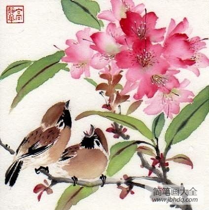 桃花和麻雀关于春天的国画作品展示