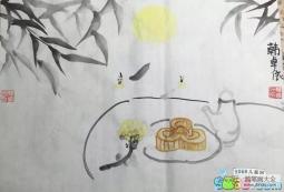 赏月吃月饼中秋节国画