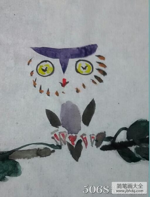 树上的猫头鹰儿童趣味国画