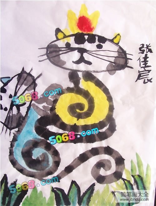 小猫咪儿童动物国画作品