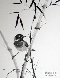 竹林间的小鸟水墨写意画作品赏析