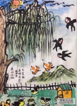 柳树和燕子春天花鸟国画