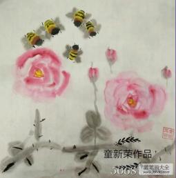 蜜蜂和月季花以春天为主题的国画