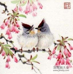 海棠花和戴胜鸟关于春天的国画
