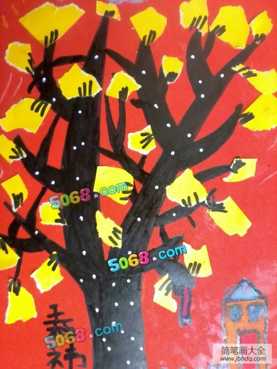 秋天的树儿童画图片-金色小树