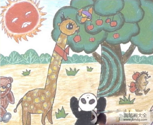 儿童画秋天图片大全-动物们来果园