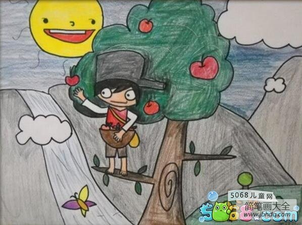 爬树摘苹果二年级秋天蜡笔画作品欣赏