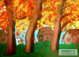 关于秋天的儿童画-秋天的树林深处
