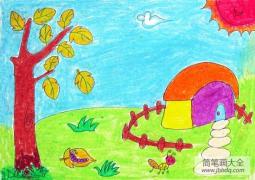 秋天景色图片儿童画-秋天的小乡村