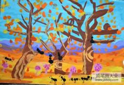 秋天美丽景色儿童画-秋天里的蚂蚁