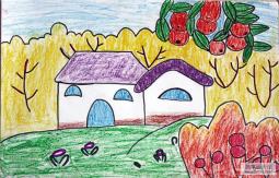 秋天儿童蜡笔画作品大全-我家的果园
