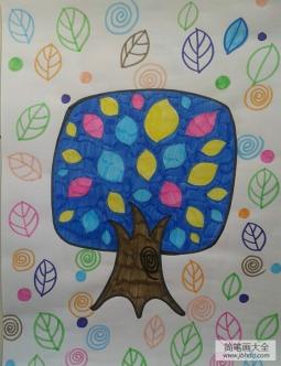 秋天儿童画作品分享-不一样的松树