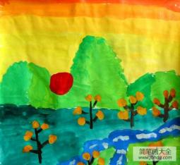 落日黄昏,秋天风景儿童水彩画作品分享