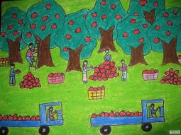 丰收的苹果园,关于秋天的儿童画作品欣赏