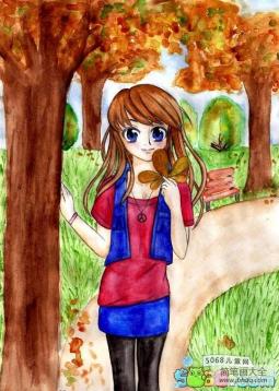 美丽的秋天画画图片之赏秋的小女孩