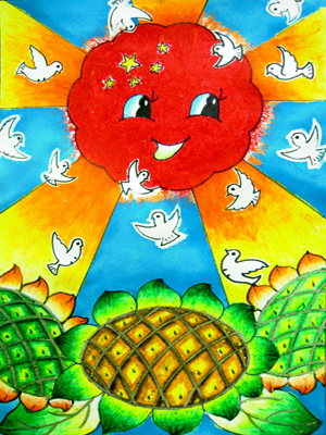 纪念世界反法西斯胜利70周年儿童画-飞向光明的和平鸽