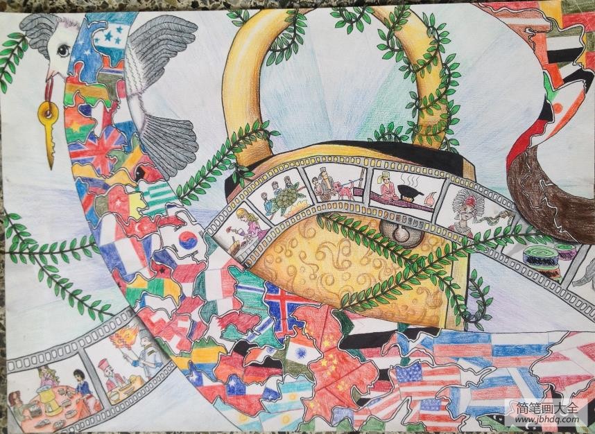 抗战胜利70周年儿童画作品-锁住世界，锁住和平