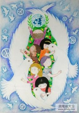 战争和平主题儿童画-在和平鸽的怀抱里