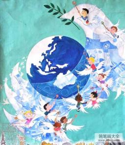 抗战70周年小学绘画-和平包围地球