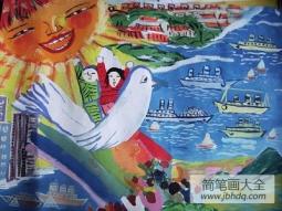 纪念世界反法西斯胜利70周年儿童画-放飞和平鸽