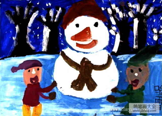 儿童画冬天的图画-我们和小雪人在一起