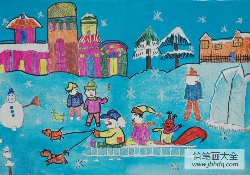 美丽的冬天儿童画绘画-狗拉雪橇