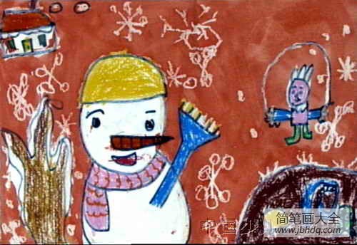 快乐的冬天儿童画-冬天的雪人