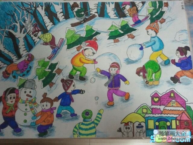 关于冬天的儿童画-大家一起玩雪