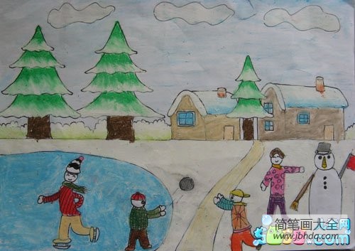 冬天景色图片儿童画-我来溜冰