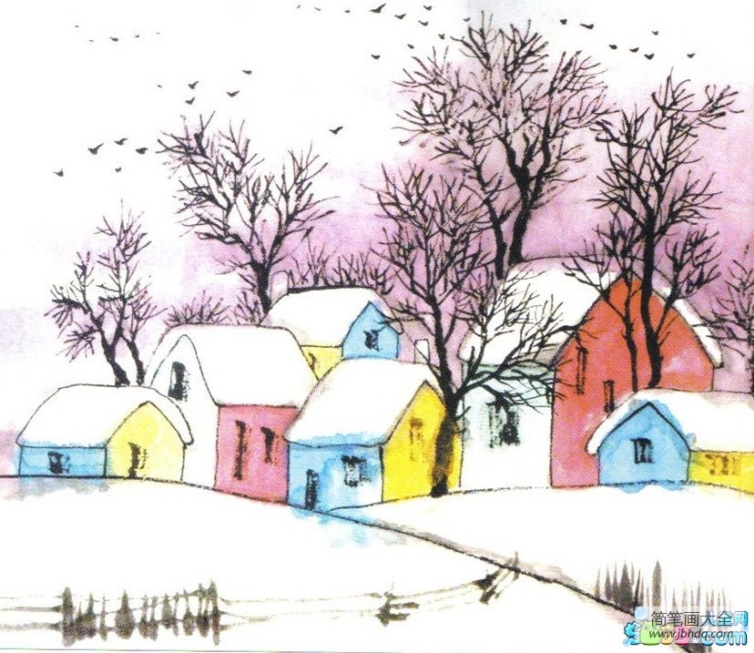 冬天美丽景色儿童画-冬天雪白的房子