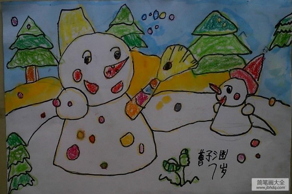 冬天的画儿童画图片-雪人父子