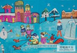 美丽的冬天儿童画绘画-狗拉雪橇