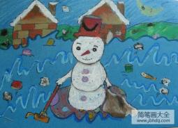 冬天的儿童画-雪人扫垃圾