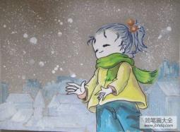 儿童画作品欣赏-冬天的小女孩