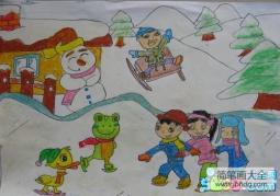 冬天景色图片儿童画-雪中玩耍