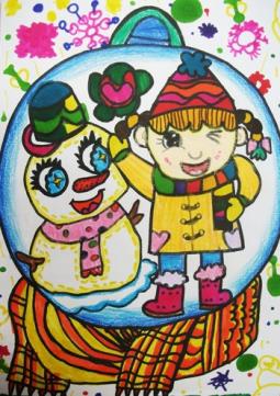 儿童画冬天图片大全-我和雪人来合影