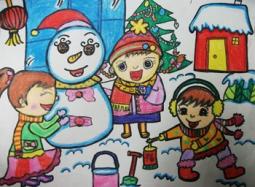 冬天的图画儿童画-我们一起堆雪人