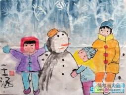冬天的图画儿童画-和雪人一起来照相