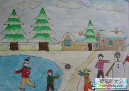 冬天景色图片儿童画-我来溜冰