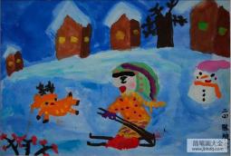 儿童画冬天的图画-快乐的冬天
