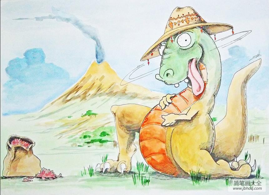 淘气的恐龙卡通水彩画作品欣赏
