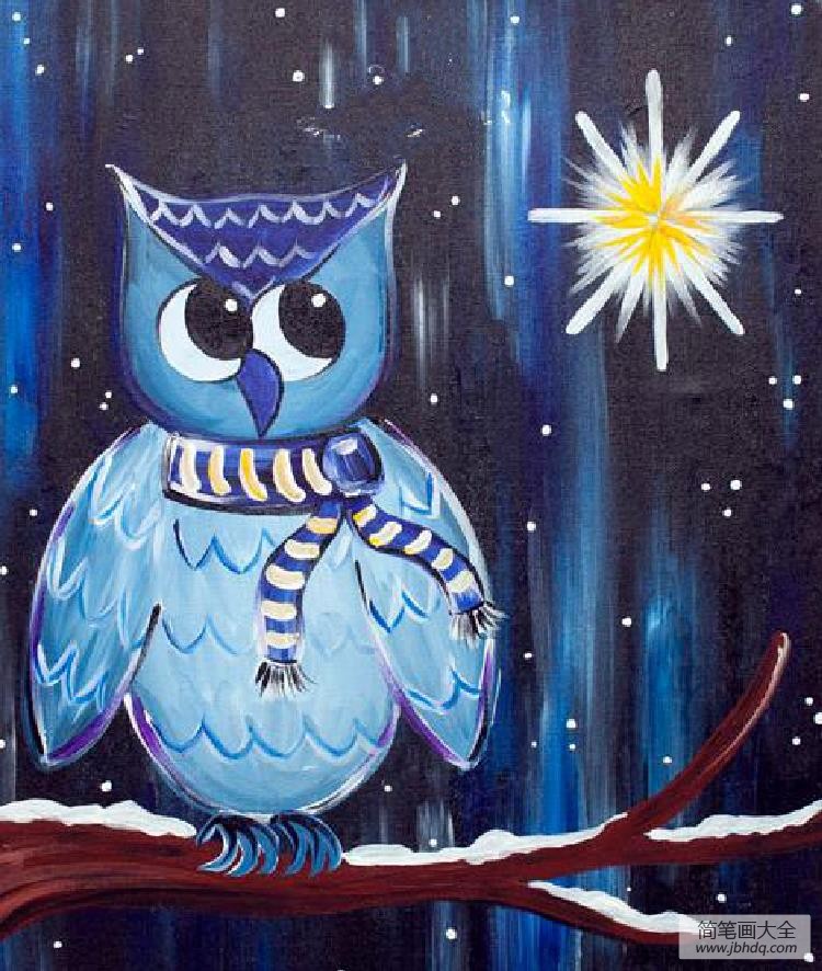 雪夜中的猫头鹰冬天水彩画作品在线看
