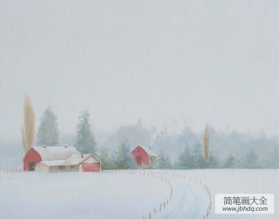 雪中的小屋冬天风景油画作品欣赏