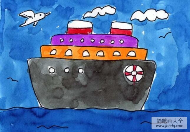 一艘大邮轮关于大海的水彩画作品