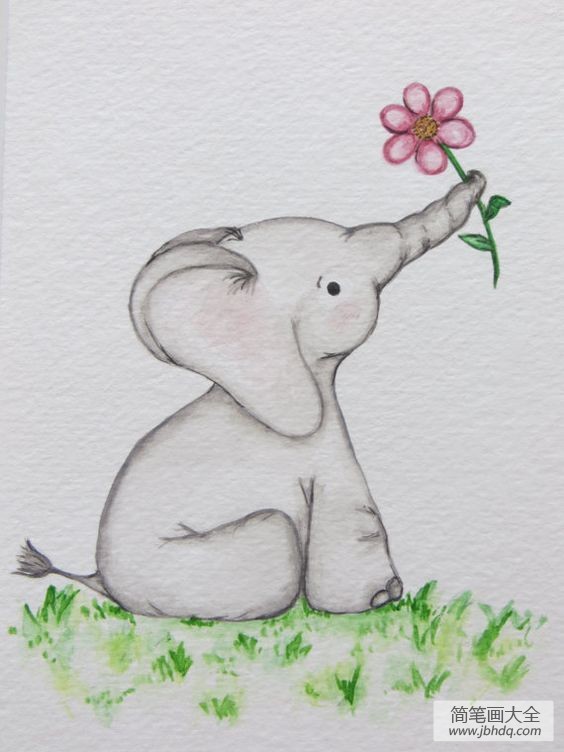 献花的小象国外动物水彩画分享