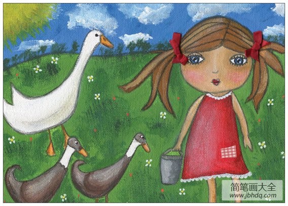 小女孩和小鸭子国外油画作品分享